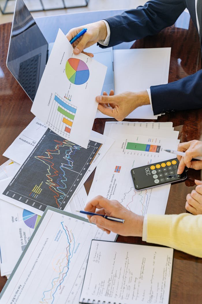discover Business professionals analyzing financial charts and graphs during a meeting.